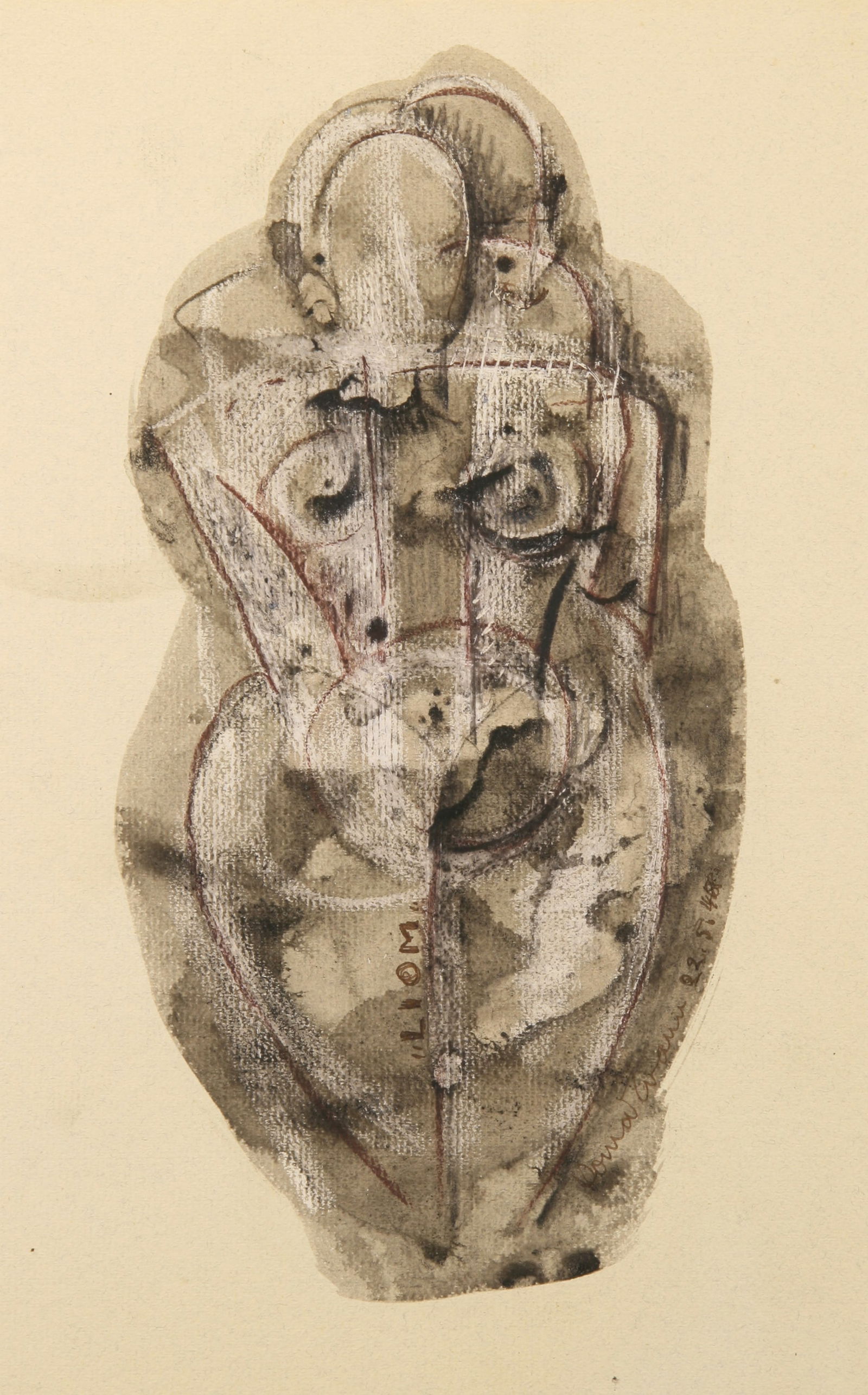 Konrad Cramer (German - American, 1888 - 1963): "LIOM"; 1948; Mixed Media on Paper; 12" x 7.5"; Signed "Konrad Cramer" Lower Right; Framed (under glass).