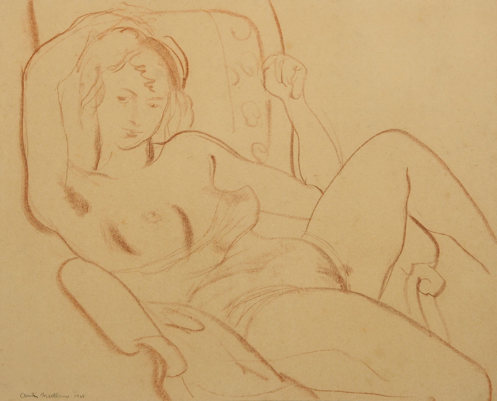 Austin Mecklem (American, 1890 - 1951): "Reclining Nude"; 1929; Red Conte on Paper; 12.5" x 15.5"; Signed "Austin Mecklem" Lower Left; Framed (under glass).