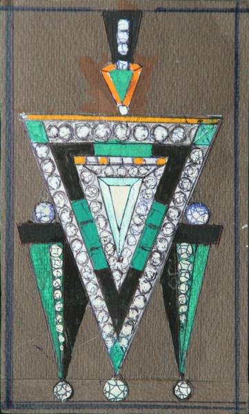 Rolph Scarlett (1889-1984) LOT OF 2: A. Abstract Drawing B. Faceted Jewel Pendant Design; c. 1940 (both); A. Crayon on Paper B. Graphite & Gouache on Brown Paper; A. 6.5 x 3.75" B. 6.5 x 3.75"; A. Signed Lower Right; B. Estate Stamp on V