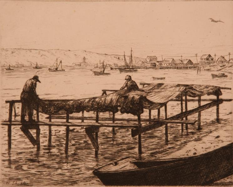 Harry Shoker (1896-1979) LOT OF 3: A. Fort Pond Bay, Montauk, LI; B. Rain; C. Fisherman Drying Nets; A. c. 1940; B. c. 1945; C. c. 1945; Etchings (all); B. Ed. 4/50; A. 6 x 11.5"; B. 7 x 8.5"; C. 8 x 10"; Signed Lower Right (all); Unfr