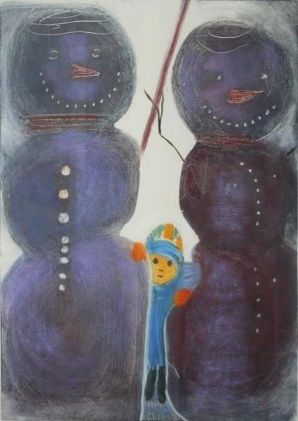 Nancy Summers (b.1927): Snow Couple Series #2; 1993; Monotype with Pastel; 24 x 17.5" (image); Signed Lower Right in Plate; Framed