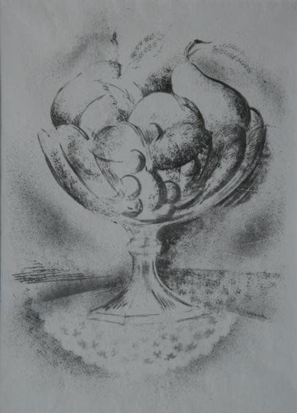 Konrad Cramer (1888-1963): Still Life with Bowl of Fruit; c. 1940; Stencil Painting - Pochoir; 14.5 x 10.5"; Signed Lower Right; Framed. Handsome mat and frame. Great experimental piece by K. Cramer.