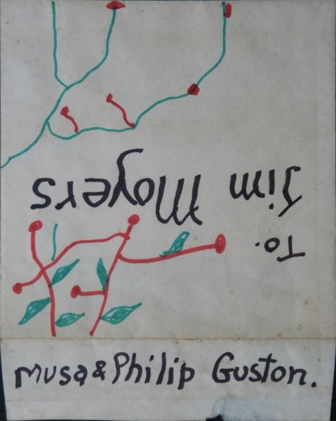 Philip Guston (1913-1980): Holiday Card Envelope; c. 1965; Ink on Paper; 10 x 8"; Signed Upper Center; Framed. A gift to Guston's Maverick neighbor. Greeting card lost but envelope has true Guston style graphic.