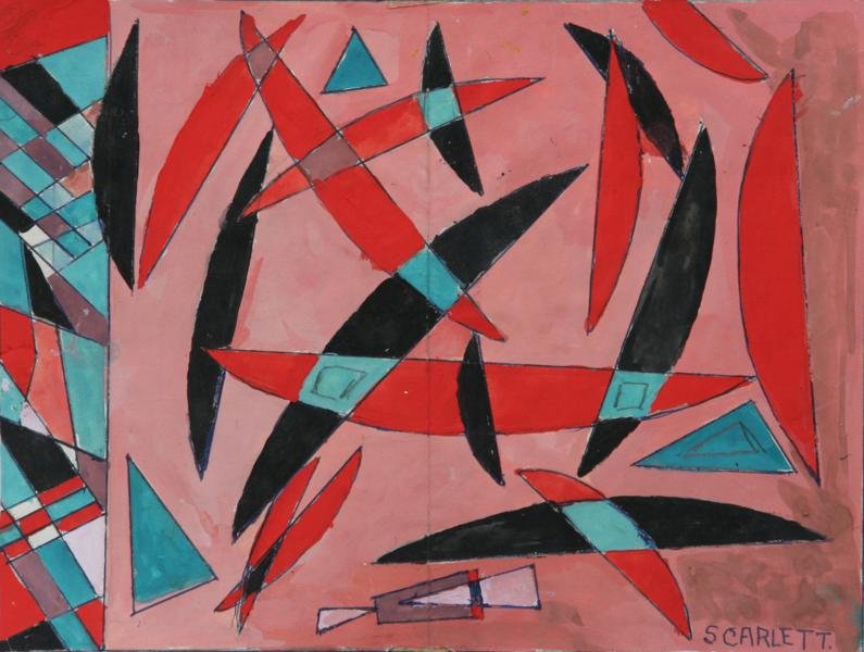 Rolph Scarlett (1889-1984): Abstract with Red, Black & Teal on Pink Field; Gouache on Paper; 9 x 11.75"; Signed Lower Right; Unframed