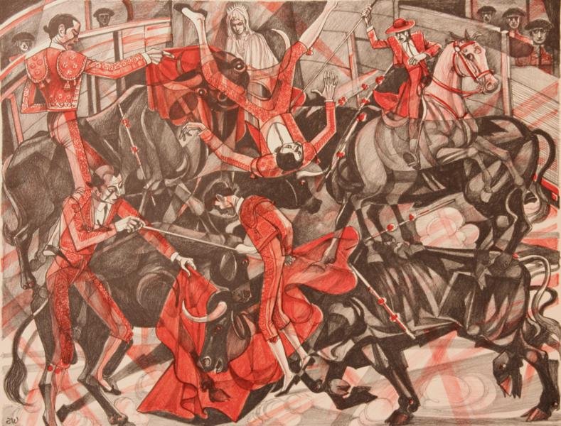 William Sharp (1864-1944): Bull Fighters; c. 1935; Duotone Lithograph; 15.5 x 20.5" (image); Signed Lower Right; Artist's Signature Stamp Lower Right and Inititialed in Plate Lower Left; Unframed. Provenance Sragow Gallery; NYC