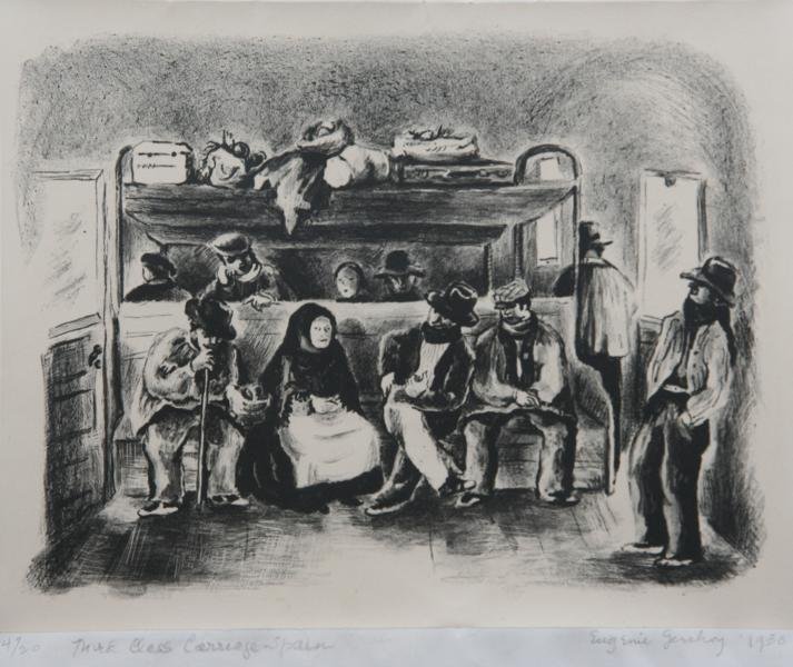 Eugenie Gershoy (1901-1986): Third Class Carriage - Spain; 1936; Lithograph with Chine de Colle; 7.5 x 9.5"; Signed Lower Right; Framed. Done by Woodstock artist while travelling in Europe pre WWII.