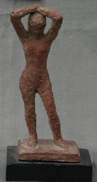 Eugenie Gershoy (1901-1983): Standing Woman; c. 1940; Paper Mache; 10" H; Artist Typed Label on Base. Gershoy was known for her mastery of the Paper mache medium. This handsome Degas-like figure is patinated to resemble terra cot