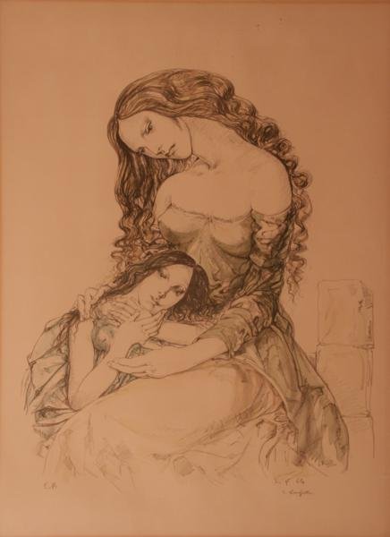 Leonard Tsuguhara (1886-1968): Two Women; 1964; Lithograph; 28.5 x 21.25"; Framed. A Japanese artist with an amazing life and international reputation.