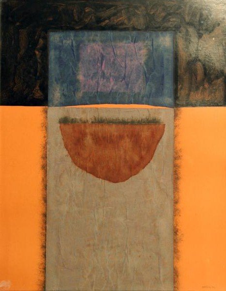 Satish Joshi (20/21st C.): Untitled Abstract; 1973; Mixed Media; 28 x 22"; Signed Lower Right; Framed. Indian born "Satish" has lived in New York since 1969. Advice: start paying attention to Indian (Asian sub-continent) art.