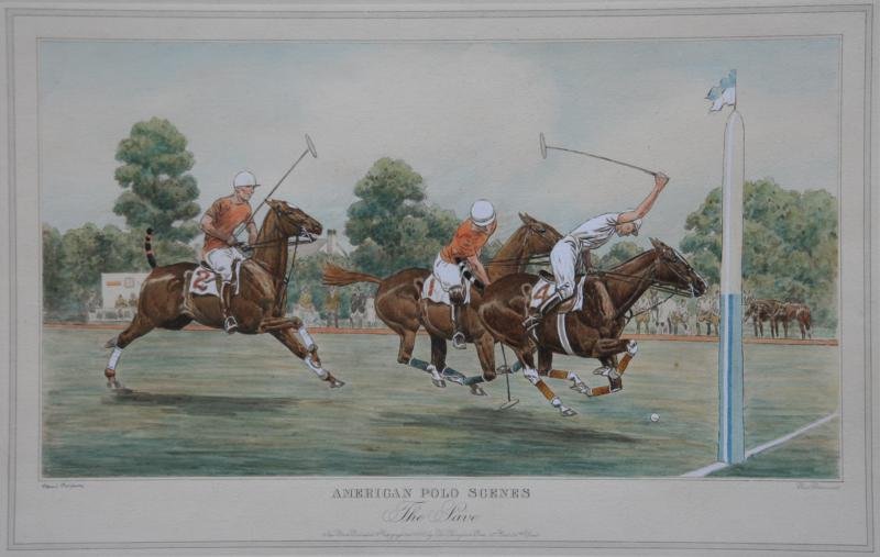 Paul Brown (1893-1958): American Polo Scene "The Save"; 1930; Hand Colored Engraving; 12 x 19.5"; Signed Lower Left; Framed. Derry Dale Press; New York. In original frame.