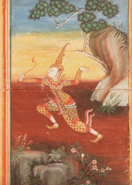 Unknown Thai Artist LOT OF 2: Pair: Episodes in the Life of a God; Early 20th Century; Gouache on Paper; 10.5 x 8" (each); Unsigned (each); Framed (each). Finely painted. Center crease indicates possible book binding. Label from B