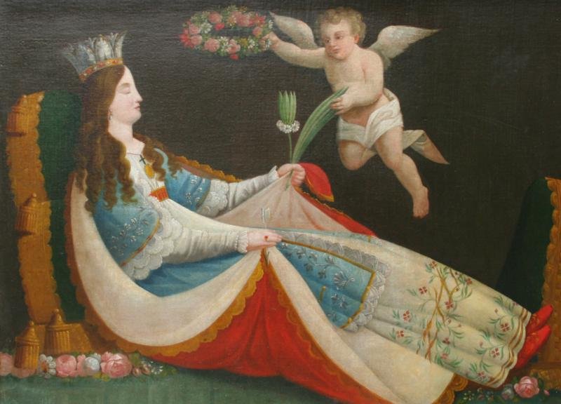 Unknown Latin American Artist: The Annunciation; c. 19th Century; Oil on Canvas; 28 x 40"; Unsigned; Framed. Beautiful early piece. Framed in hand carved white gold leaf frame with sgraffito/floral motif.