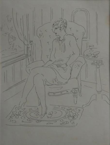 Konrad Cramer (1888-1963) LOT OF 2: Two Drawings of Women: A. Rythmic Nude Study; B. Fashionable Lady in Armchair; 1948; Ink Drawing (both); A. 12.25 x 8"; B. 10.5 x 8"; A. Signed Lower Right B. Signed on Verso by Aileen Cramer (artist'