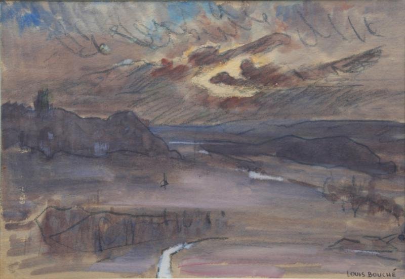 Louis Bouche (1896-1969): Mountain Landscape; c. 1940; Charcoal & Watercolor on Paper; 10 x 15"; Signed Lower Right; Framed. NYC and Woodstock artist. Strong, simplified modern concept sketch. Brooding sky.