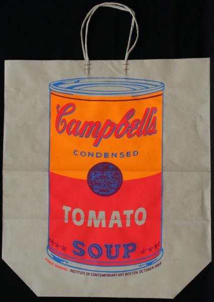 Andy Warhol (1928-1987): Cambell's Soup Can Shopping Bag; 1966; Silkscreen Printed in Color; 24.5 x 17" (including handles); Unframed. Minor staining (barely visible) in Upper Right corner and on image. Normal fold. Published