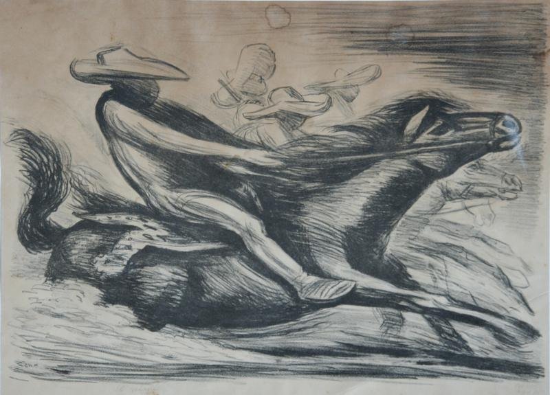 Jose Chavez Morado (1909-2002): El Galope; Lithograph; 12.5 x 17.5"; Signed Lower Right in Pencil; Framed. Dramtically animated image by this Mexican master. Toned Paper, diagonal crease on right and three water stains upper right.
