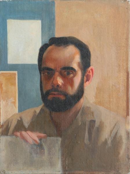 St. Julian Fishburne (1927-2011): Self Portrait; 1950; Oil on Canvas Laid Down on Masonite; 12 x 9"; Signed on Verso; Unframed. Serious; insightful portrait by this accomplished Hudson Valley and NY painter, also known as an expert re