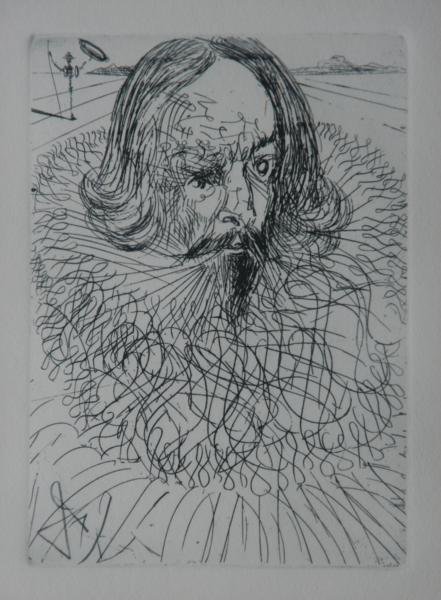Salvador Dali (1904-1989): Cervantes; c. 1965; Etching; 6 3/4 x 4 5/8"; Signed in Plate; Framed. From his Spanish Immortals series.
