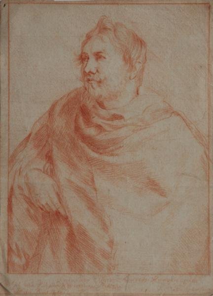 Unkown: Old Master Drawing of a Man; 18th C.; Sanguine on Laid Paper; 8.5 x 6.5"; Unframed. Exquisite academic drawing by French master. Extensively inscribed in lower margin. May provide clues to artist's id