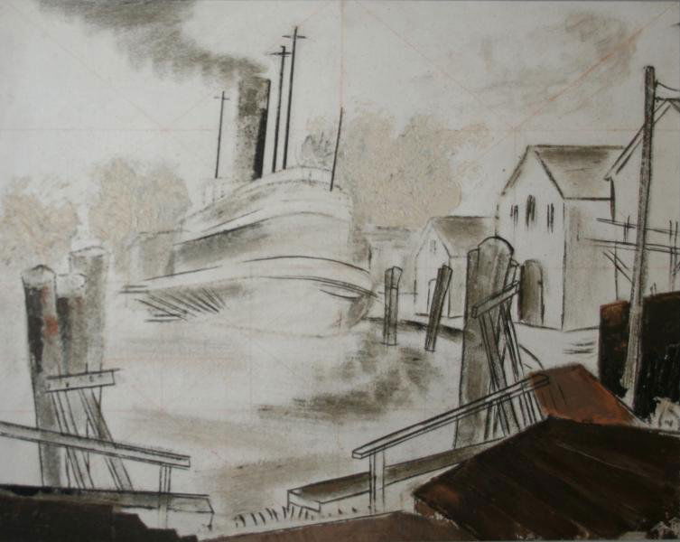 Konrad Cramer (1888-1963): Tugs at the Rondout (study); c. 1930; Oil on Masonite; 23 x 31"; Signed on Verso by Artist's Daughter; Framed. Wonderful study for a major Kingston Rondout painting. Very modern.