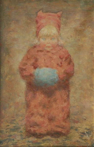 James Chapin (1887-1975): Little Girl in Snow Suit; 1945; Oil on Canvas; 26 x 17"; Signed Lower Right; Framed. From artist's estate. Framed in richly carved and water guilded period frame.
