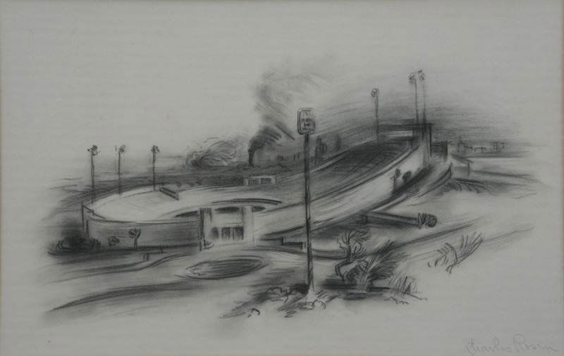 Charles Rosen (1878-1950): Stadium, Ohio Wesleyan; c. 1940; Charcoal on Paper; 12.5 x 19.5"; Signed Lower Right; Framed. Executed when Charles Rosen lived and taught in Columbus; OH.