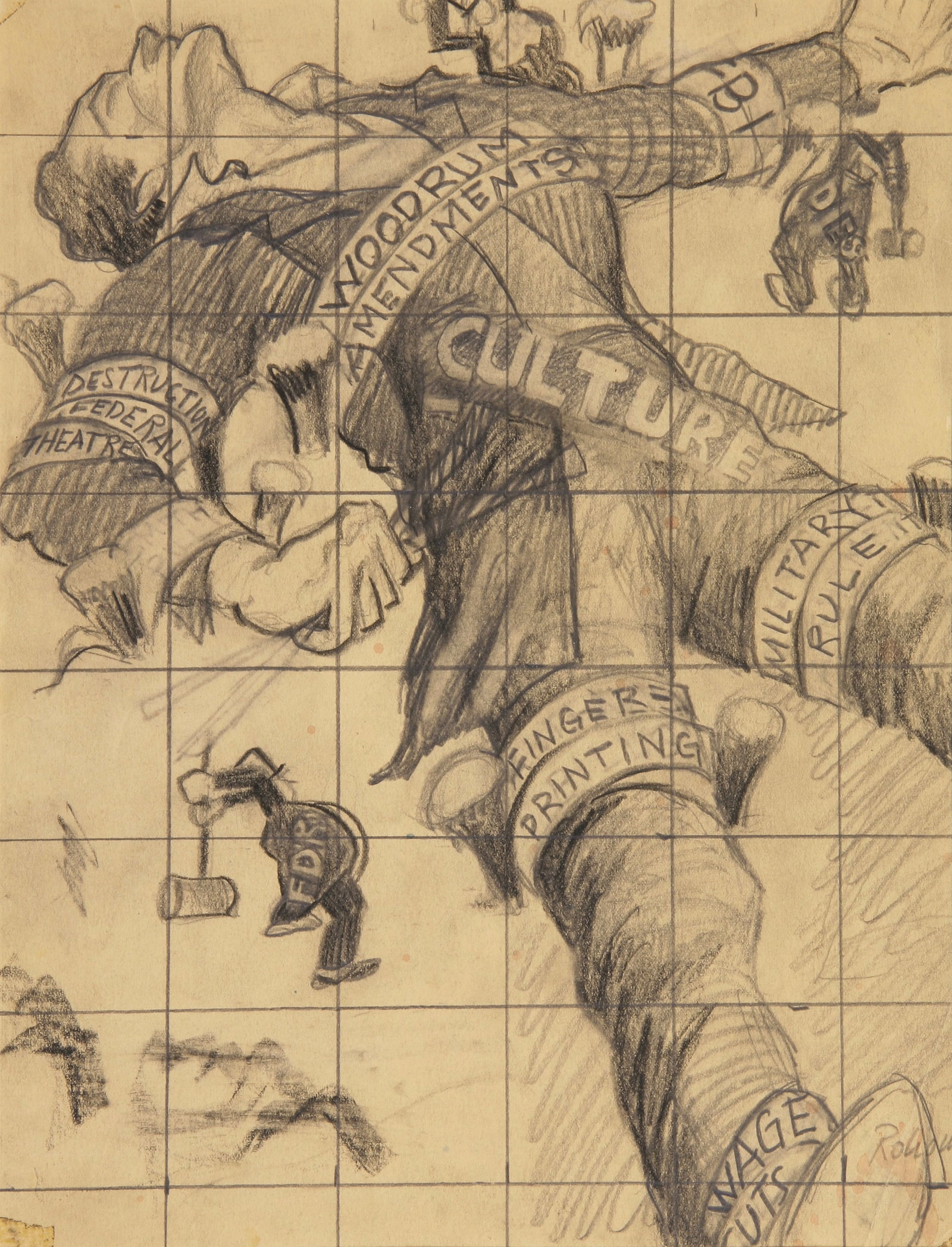 Meyers Rohowsky (American, 1900 - 1974): "American Culture (as Gulliver)"; c. 1940; Graphite on Paper; 11.5" x 8.75" x Signed "Rohows" Lower Right; Unframed; Note: preparatory drawing accompanies lot.