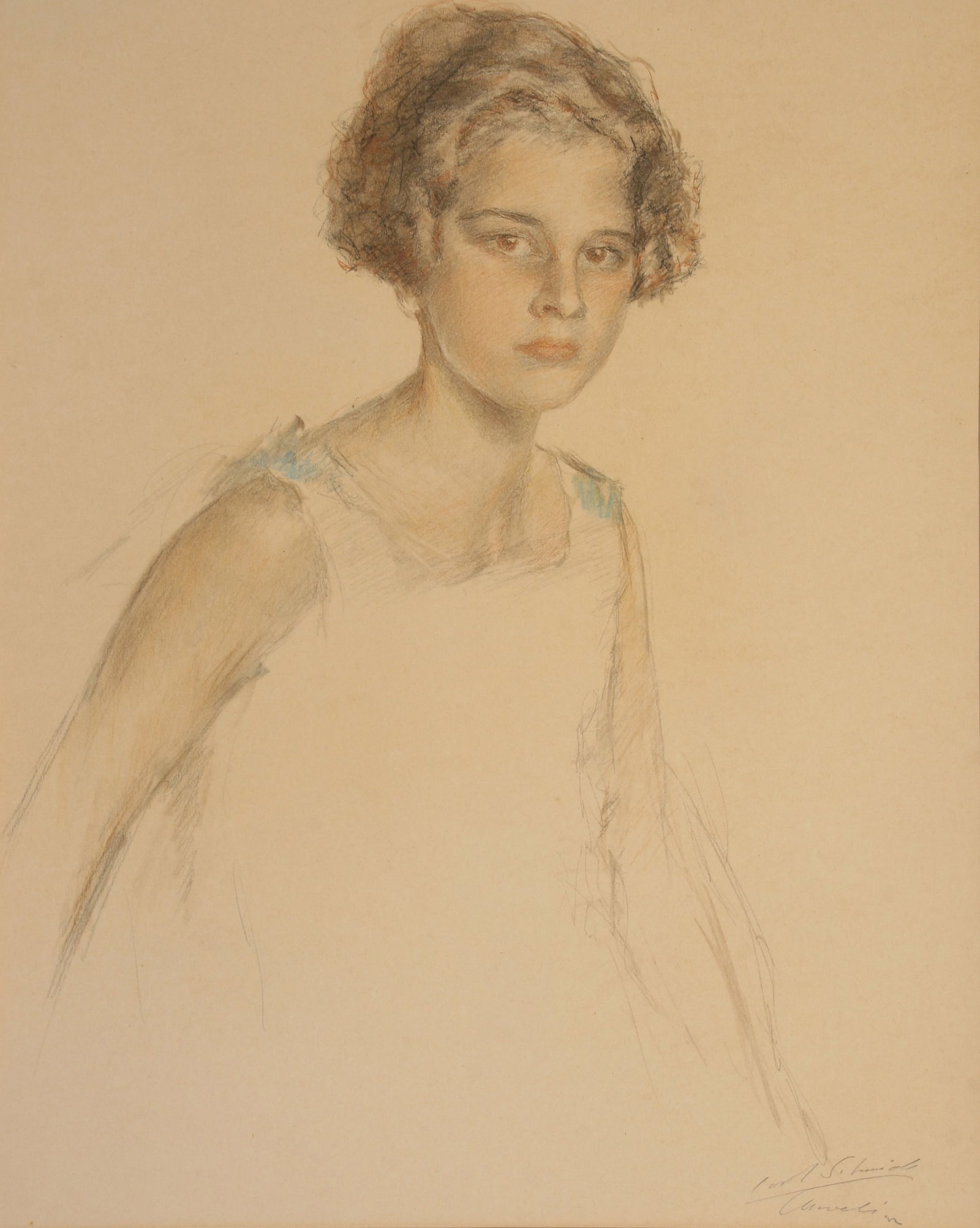Unknown Artist: "Portrait of a Young Girl"; n.d.; Charcoal and Pastel on Paper; 23" x 18.5"; Possibly Signed "Carl Schmidt" Lower Right; Unframed.