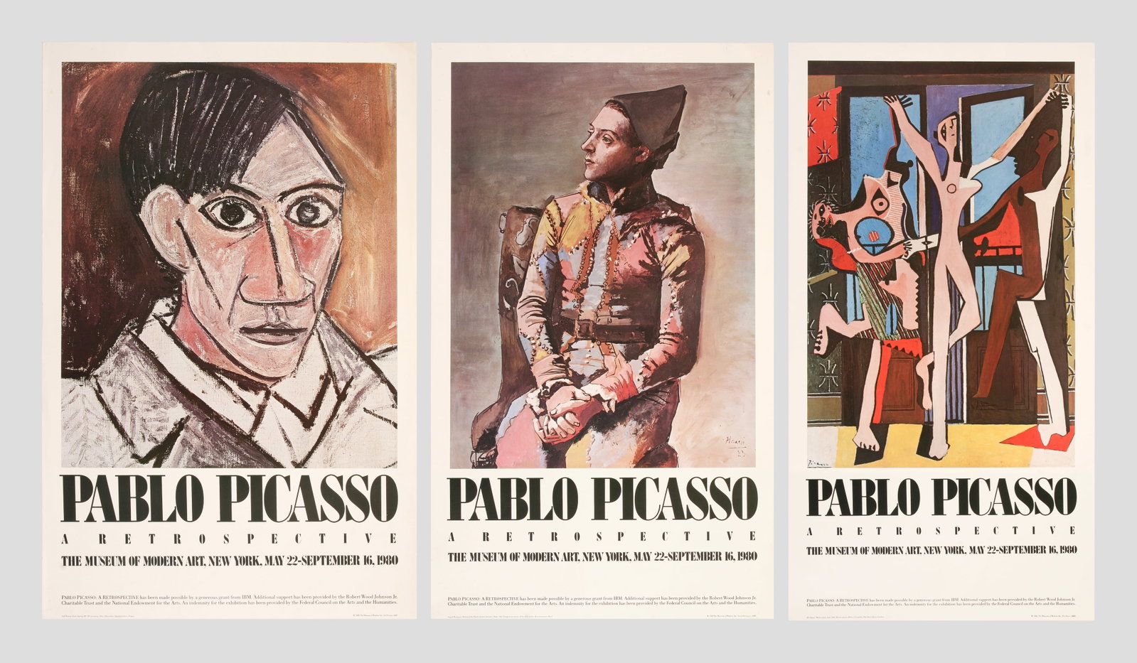 After Pablo Picasso (Spanish, 1881 - 1973): LOT OF THREE VINTAGE EXHIBITION POSTERS FOR THE MUSEUM OF MODERN ART, NEW YORK 1980s EXHIBITION "PABLO PICASSO: A RETROSPECTIVE"; 1980; Lithograph; 37" x 24" (Largest Sheet Size); 2 Signed "Picasso"