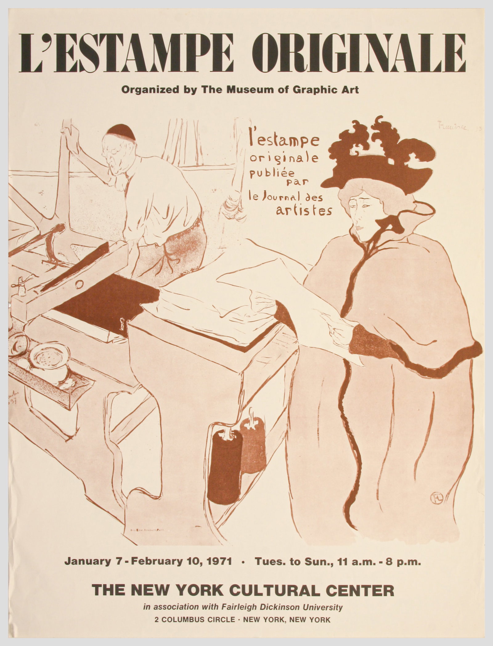 After Henri de Toulouse - Lautrec (French, 1864 - 1901): "L'estampe originale - Organized by The Museum of Graphic Art (New York) - January 7 - February 10, 1971" Exhibition Poster; 1971; Lithograph; 28" x 22.5"; Signed within Plate Upper Right; Unframed.