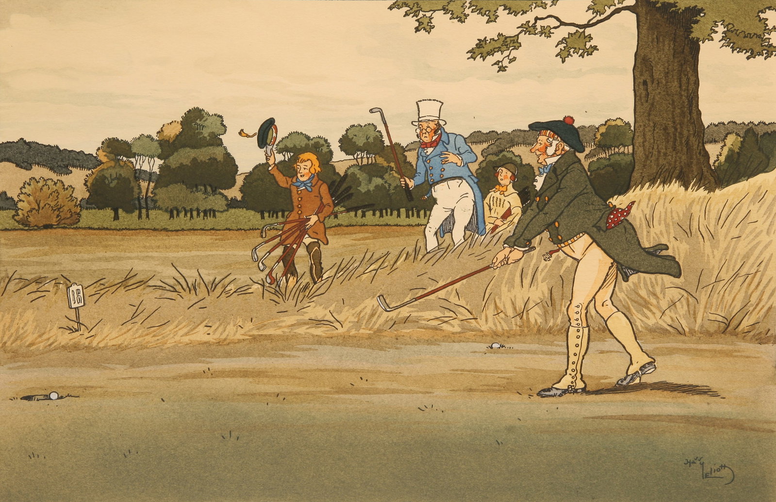 Harry Eliott (French, 1882 - 1959): "The 18th Hole"; c. 1900; Hand-Colored Lithograph; 8.75" x 13.25"; Signed "Harry Eliott" Lower Right; Unframed.