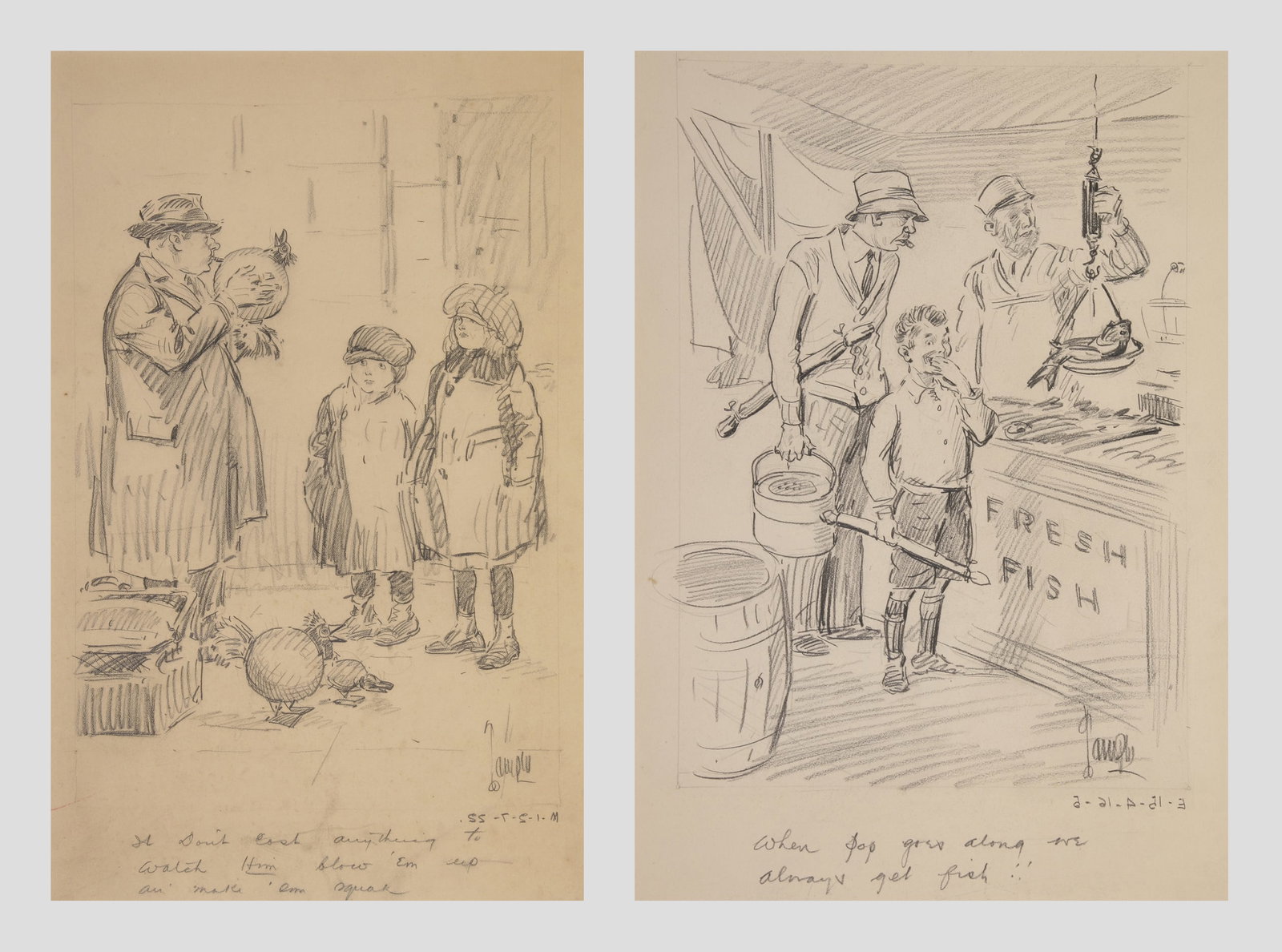 Harry Temple (American, 1881 - 1962): LOT OF TWO CARTOONS BY HARRY TEMPLE: A. "It don't cost anything to watch Him blow 'em up an' make them squak"; c. 1950s; Graphite on Paper; 19" x 12"; Signed "Temple" Lower Right; Unframed / B. "When 