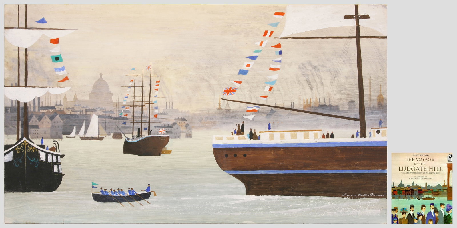 Alice (American, 1918 - 2018) & Martin (American, 1916 - 1987) Provensen: "The Voyage of the Ludgate Hill"; 1987; Acrylic on Board; 16" x 28"; Signed "Alice and Martin Provensen" Lower Right; Unframed; Note: This lot includes a hardcover copy of "The Voyage of the Ludgate H