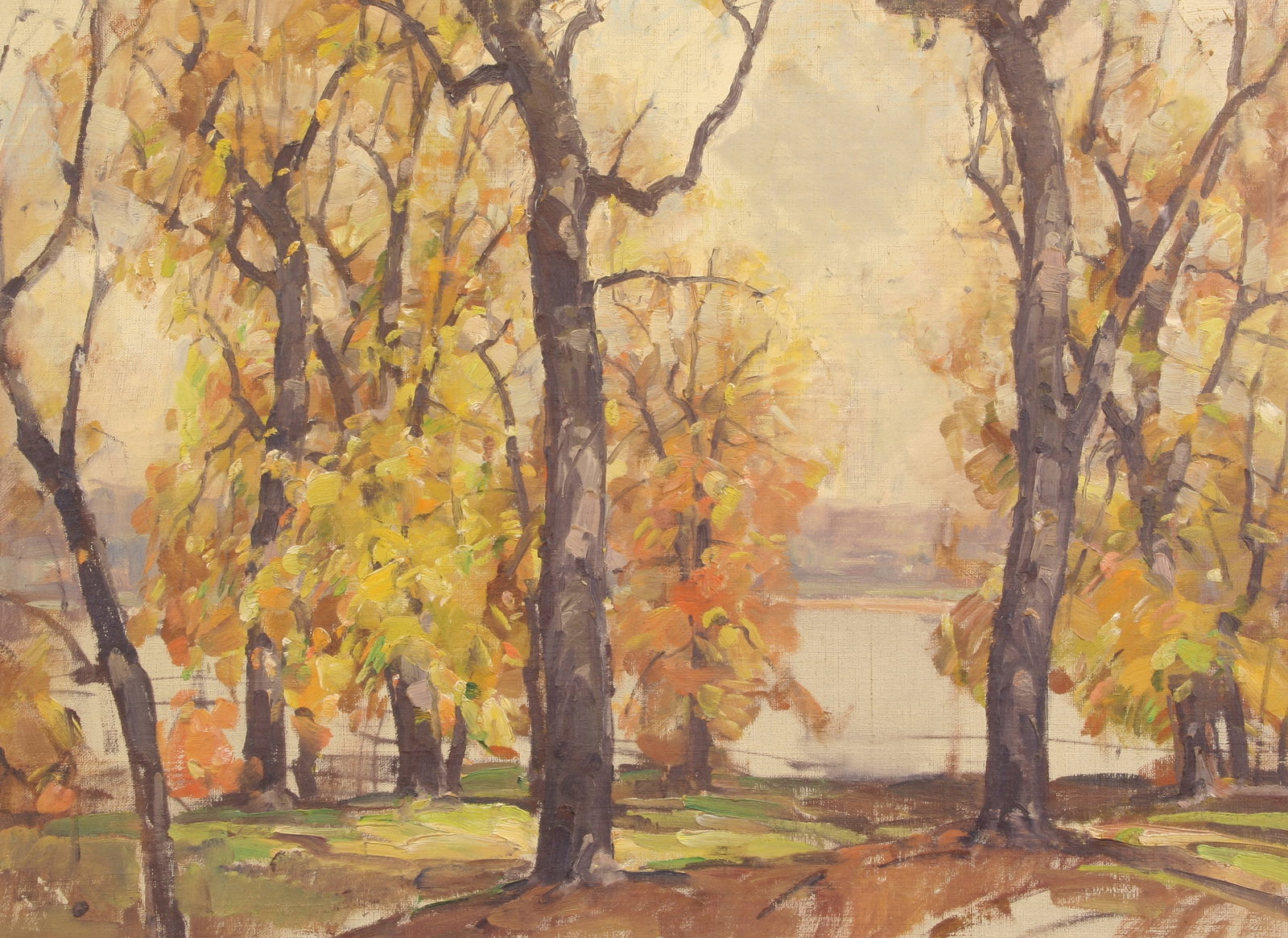 Frank Swift Chase (American, 1886 - 1958): "Autumn Landscape"; c. 1940; Oil on Canvas Mounted on Board; 17.5" x 23.5"; Signed "Frank Swift Chase" on Verso; Framed; Note: Inscribed on verso - "Frank Swift Chase for Evelyn Chase".