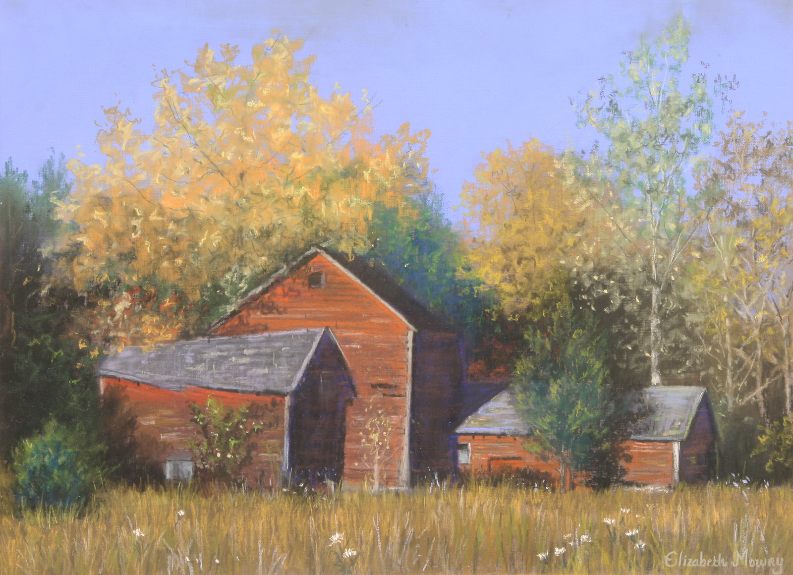Elizabeth Mowry (American, b. 1940): "Red Barn"; n.d.; Pastel on Paper; 11.5" x 15.5"; Signed "Elizabeth Mowry" Lower Right; Framed (under glass).