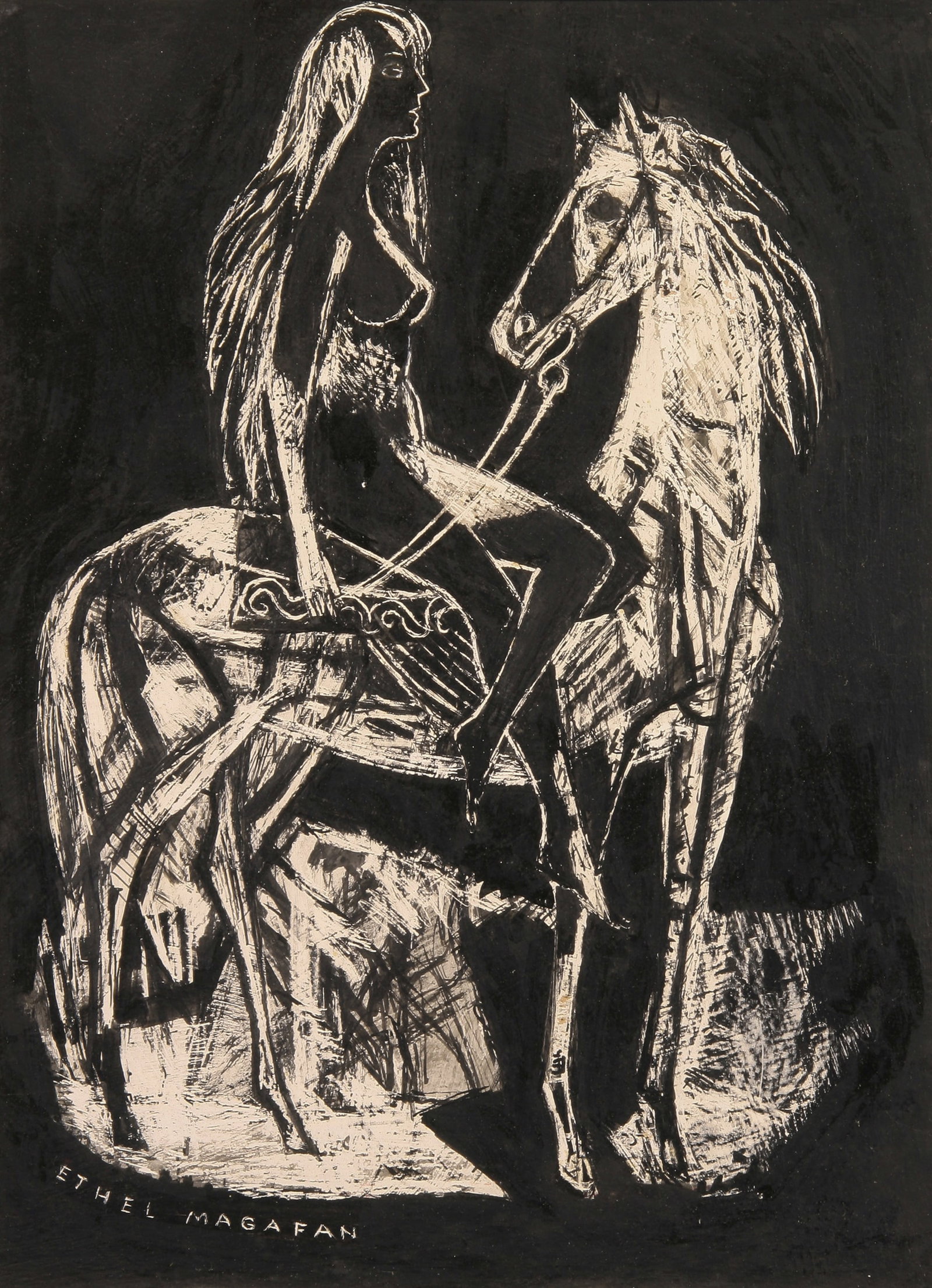 Ethel Magafan (American, 1916 - 1993): "Lady Godiva"; c. 1965; Scratchboard; 12.5" x 9.25"; Signed "Ethel Magafan" Lower Left; Framed; Note: Titled and signed on verso.