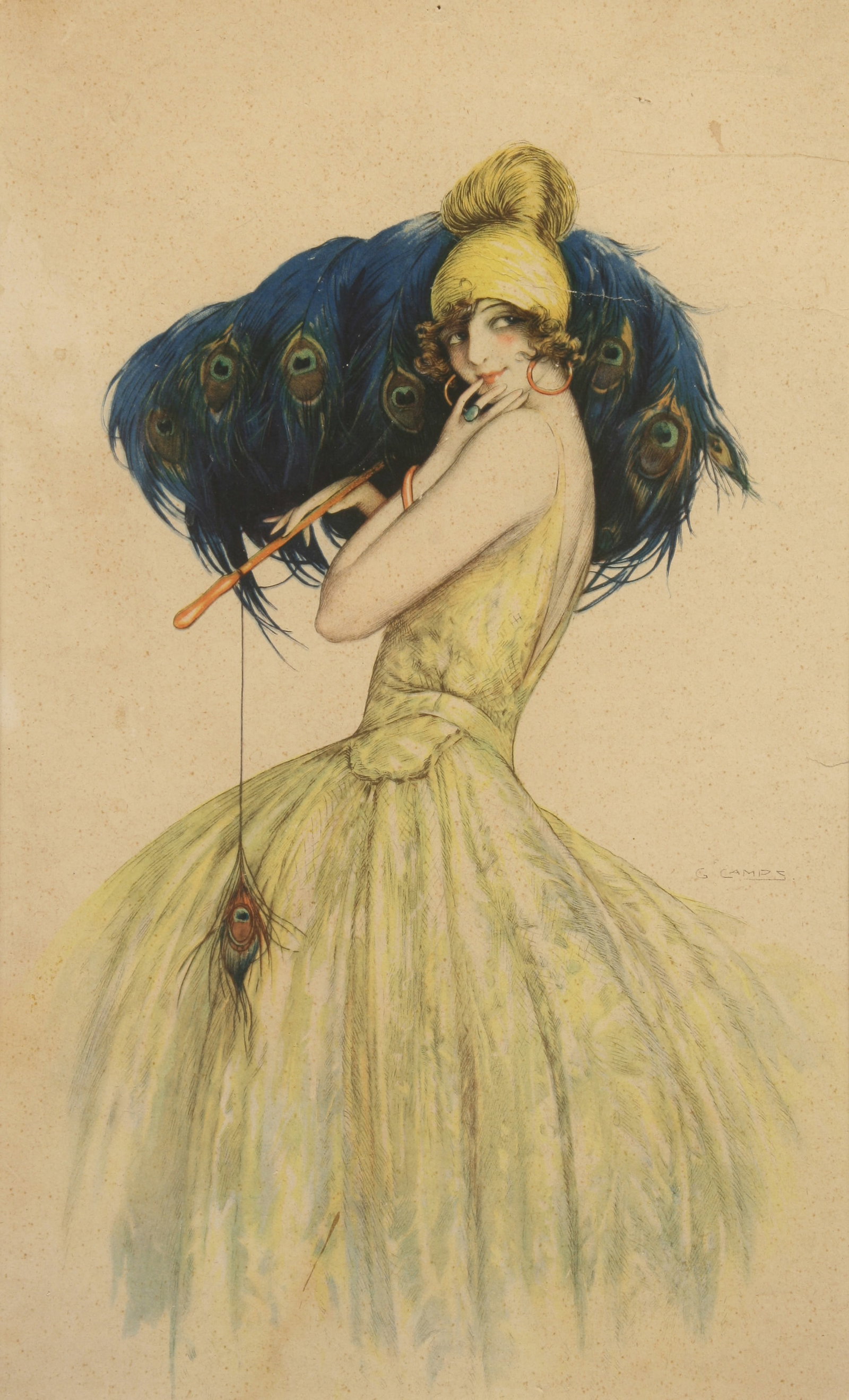 Gaspar Camps (Spanish, 1874 - 1942): "Lady with Peacock Fan"; c. 1920s; Litograph; 17.75" x 10.5"; Signed "G. Camps" Middle Right (in plate); Framed (under glass).
