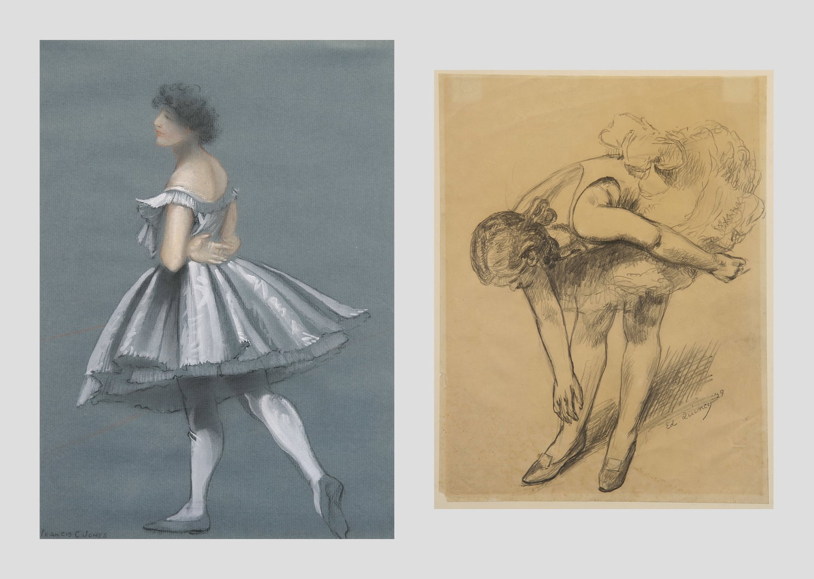 Francis Coates Jones (American, 1857 - 1932) & Edmund Quincy (American, 1903 - 1997): LOT OF TWO: A. Francis Coates Jones (American, 1857 - 1932); "Ballerina"; c. 1910s; Pastel and Gouache on Paper; 12.5" x 9"; Signed "Francis C. Jones"; Framed (under glass) / B. Edmund Quincy