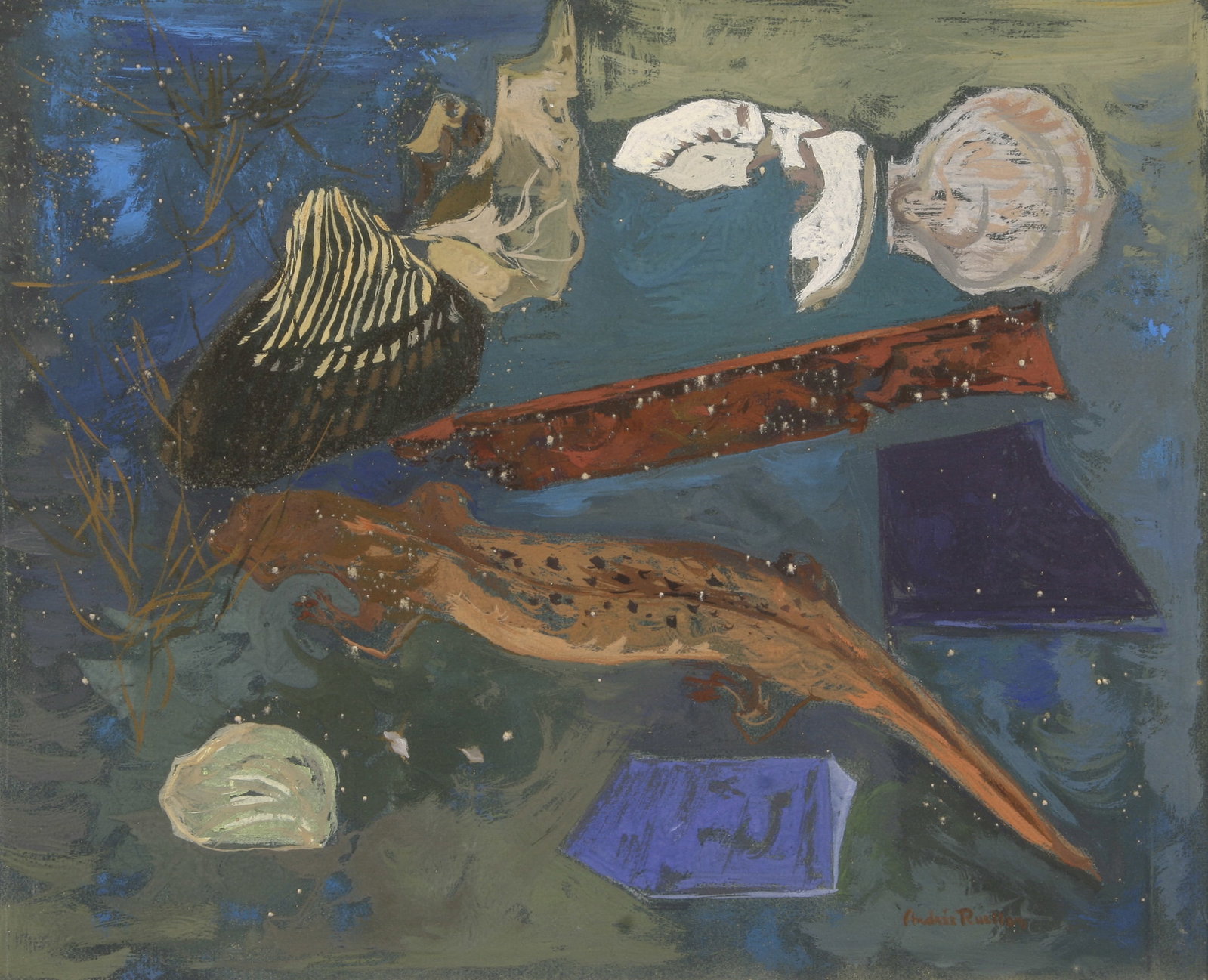 Andrée Ruellan (American, 1905 - 2006): "Salamander"; n.d.; Gouache on Paper; 13.75" x 17"; Signed "Andree Ruellan" Lower Right; Framed (under glass); Note: Label on verso.