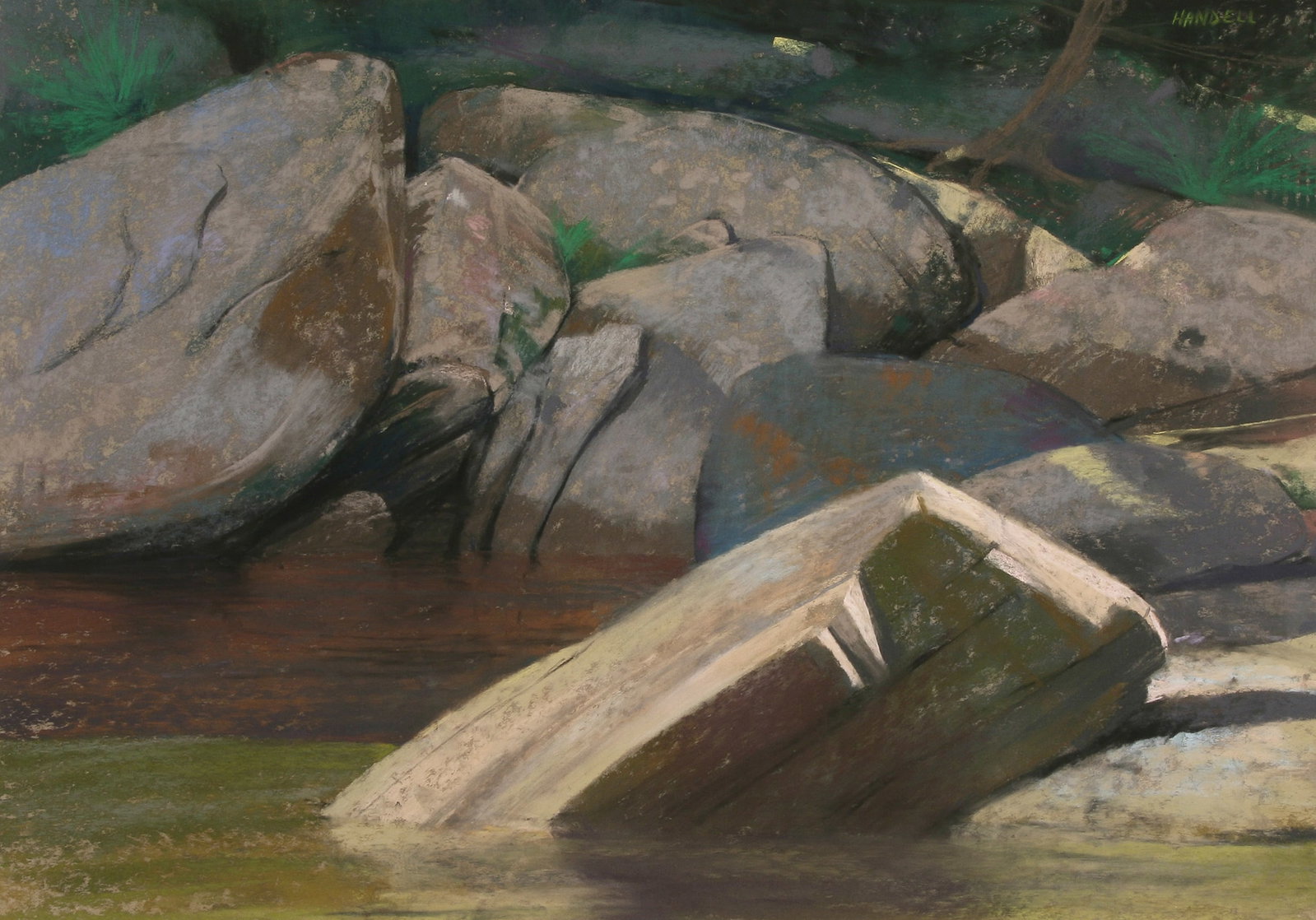 Albert Handell (American, b. 1937): "At the Stream"; n.d.; Pastel on Paper; 15" x 21.5"; Signed "Handell" Upper Right; Framed (under glass).