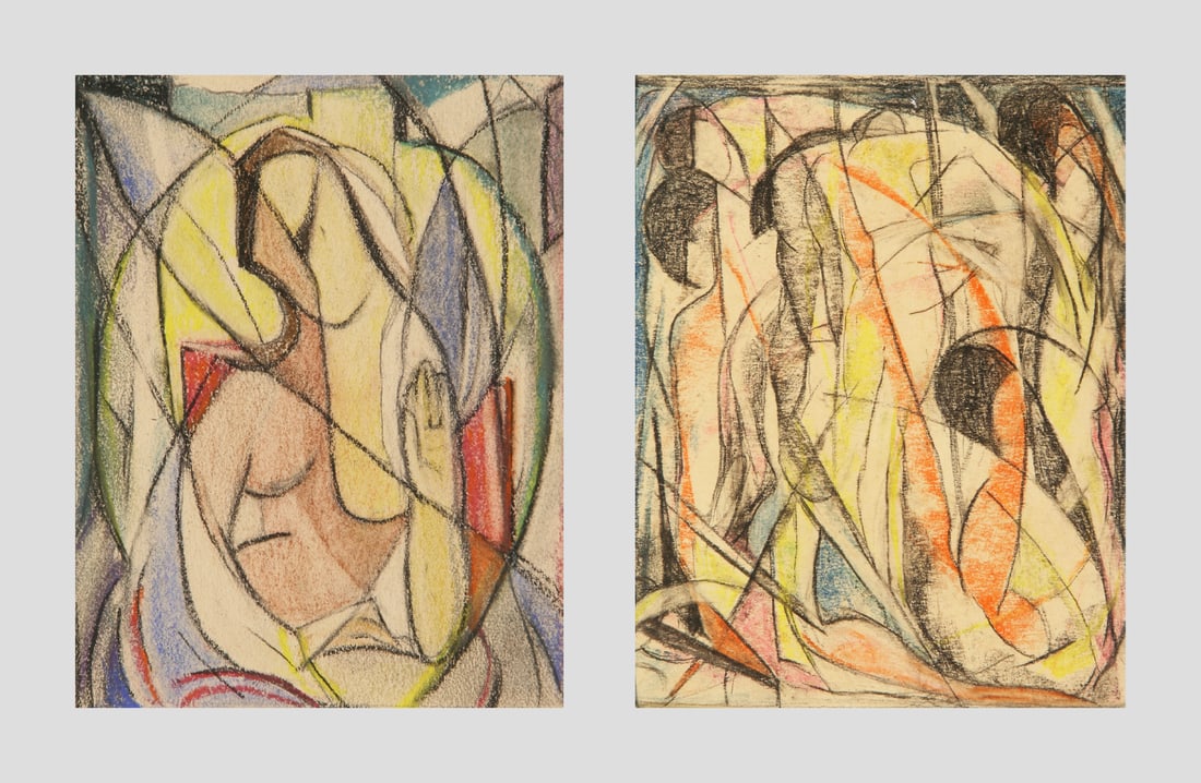 Zulma Steele (American, 1881 - 1979): LOT OF TWO PASTELS BY ZULMA STEELE: A. "Abstract Female Nude"; c. 1940s; Pastel on Paper; 4.5" x 3.5"; Estate Stamp on Verso; Unframed / B. "Abstract Figures"; c. 1940s; Pastel on Paper; 5.5" x 4.5"; 