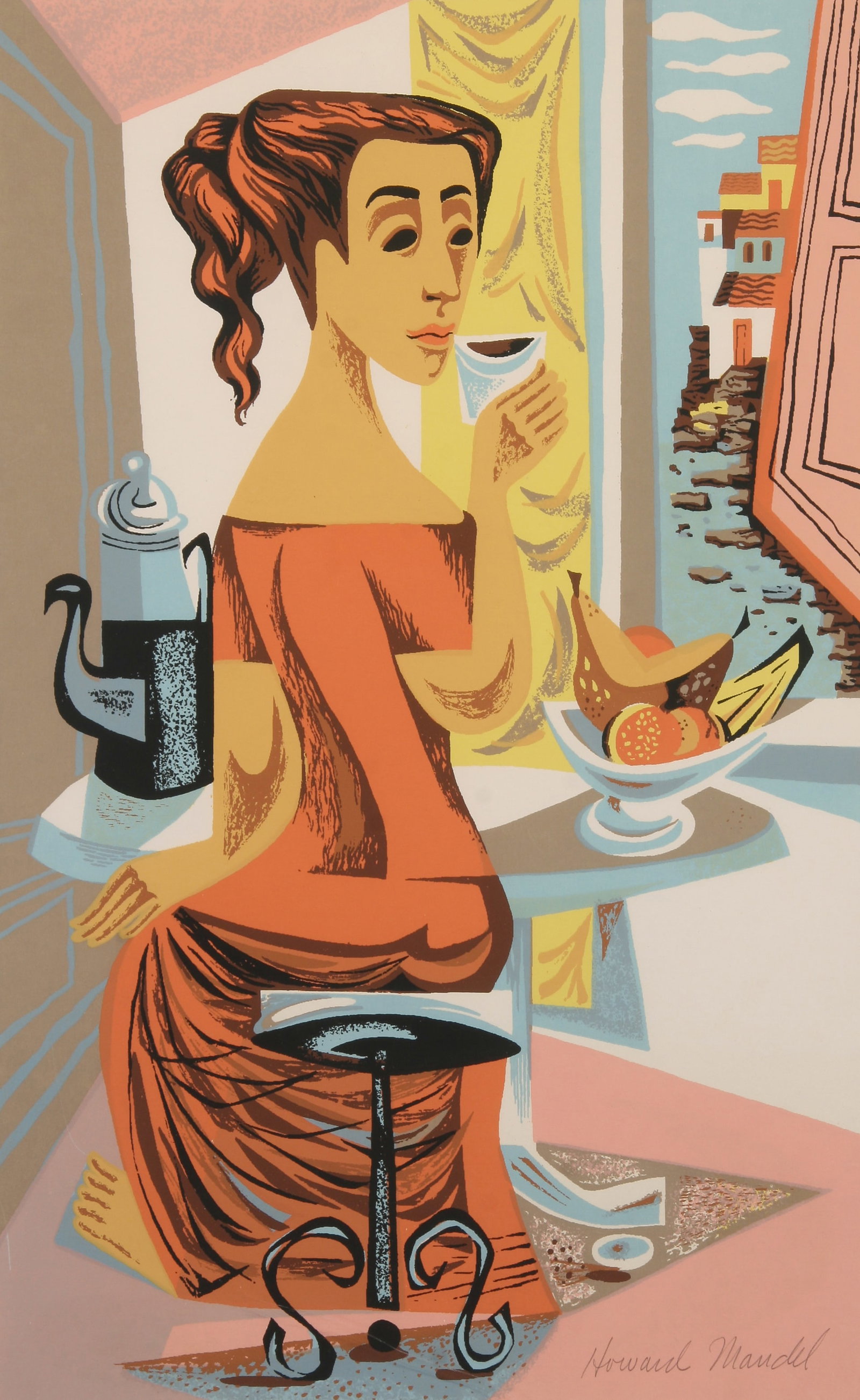 Howard Mandel (American, 1917 - 1999): "Woman at the Window"; 1954; Serigraph; 15.75" x 9.75"; Signed "Howard Mandel" Lower Right (in plate); Framed (under glass).