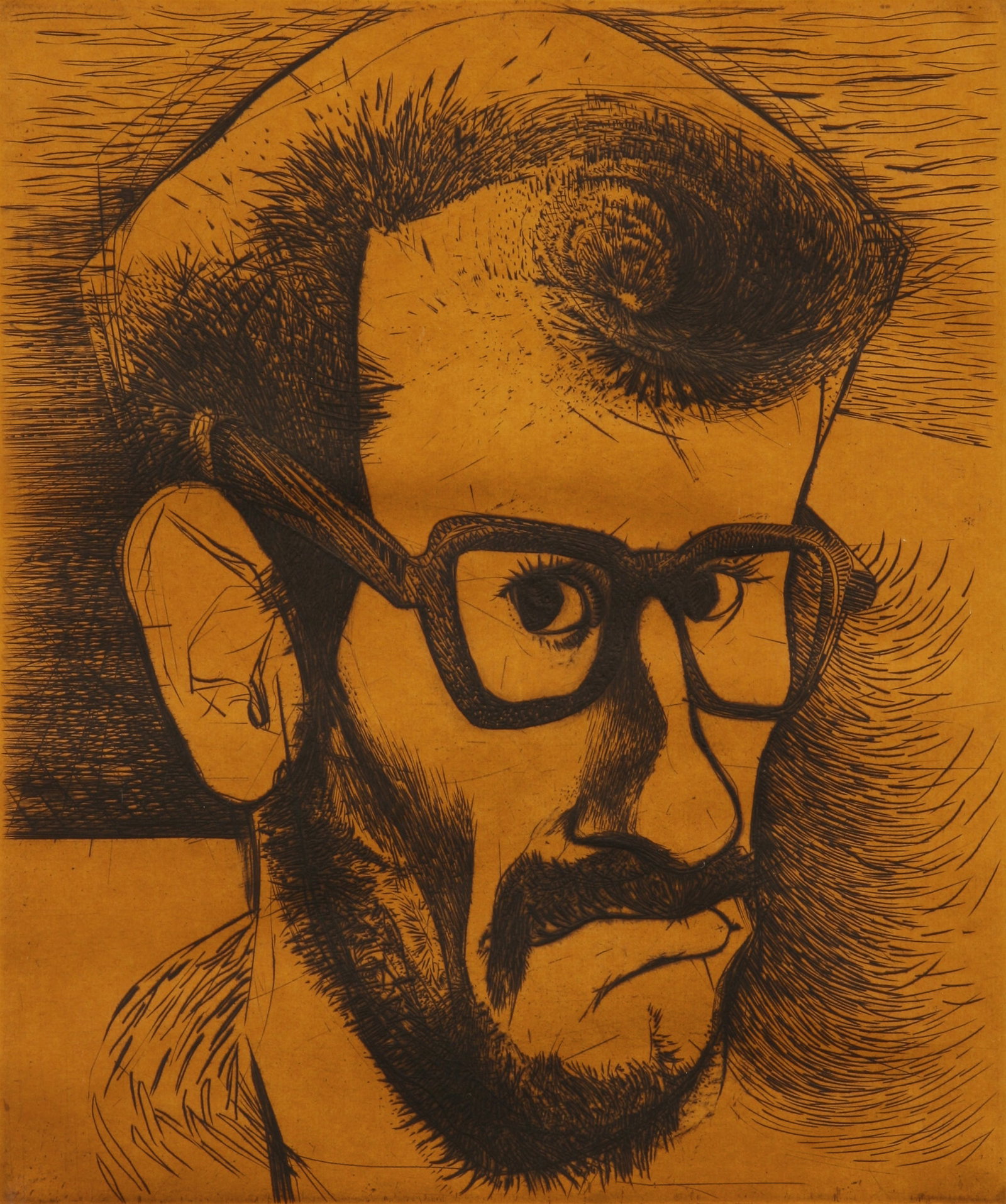 Mauricio Lasansky (Argentine, 1914 - 2012): "Self Portrait (1945)" - Edition 40/10; 1973; Engraving on Orange Colored Canson Ingres Paper; 11.5" x 9.5"; Signed "M. Lasansky" Lower Right; Framed (under glass).