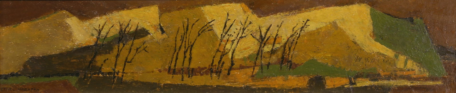 Ethel Magafan (American, 1916 - 1993): "Trees in Landscape"; c. 1970s; Oil on Masonite; 4.5" x 21"; Signed "Ethel Magafan" Lower Right; Framed.