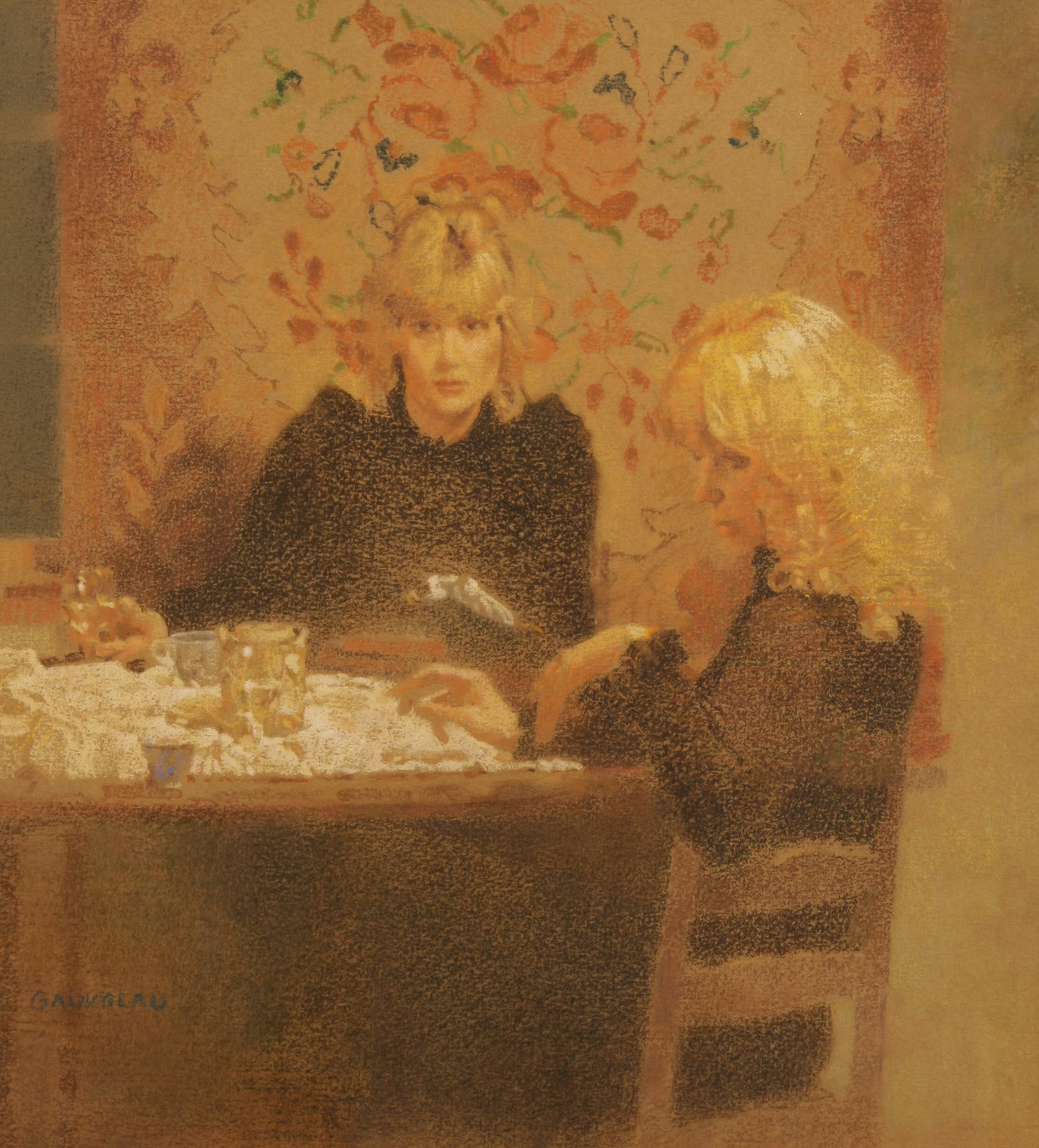 Robert Gauvreau (American, 1948 - 2019): "Soft Music"; c. 1970s; Pastel on Paper; 12.75" x 11.5"; Signed "Gauvreau" Lower Left; Framed (under glass); Note: "Grand Central Art Galleries - New York, NY" label.