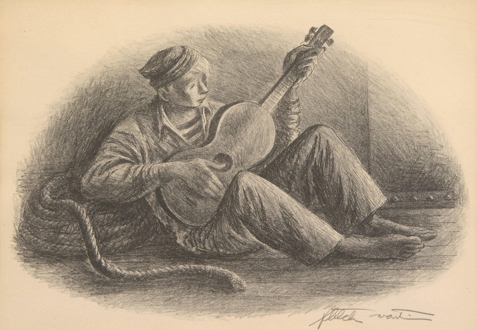 Fletcher Martin (American, 1904 - 1979): "Evening Song"; 1946; Lithograph; 9.5" x 13.5"; Signed "Fletcher Martin" Lower Right; Framed (under glass); Note: "Associated American Artists" label on verso.