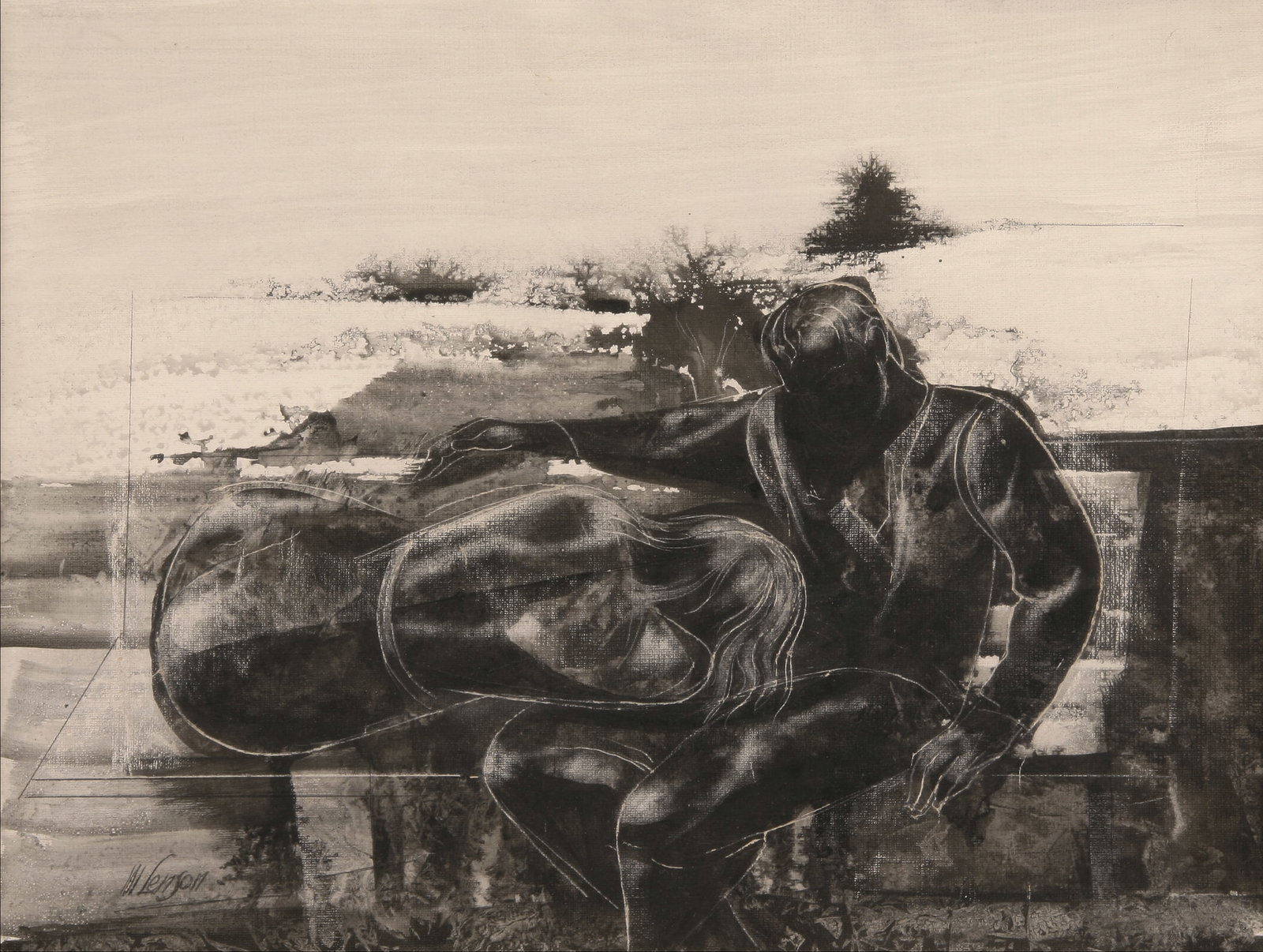 Michael Lenson (American, 1903 - 1971): "Resting Couple"; c. 1965; Ink on Textured Paper; 8.75" x 11.5"; Signed "M. Lenson" Lower Left; Framed (under glass).