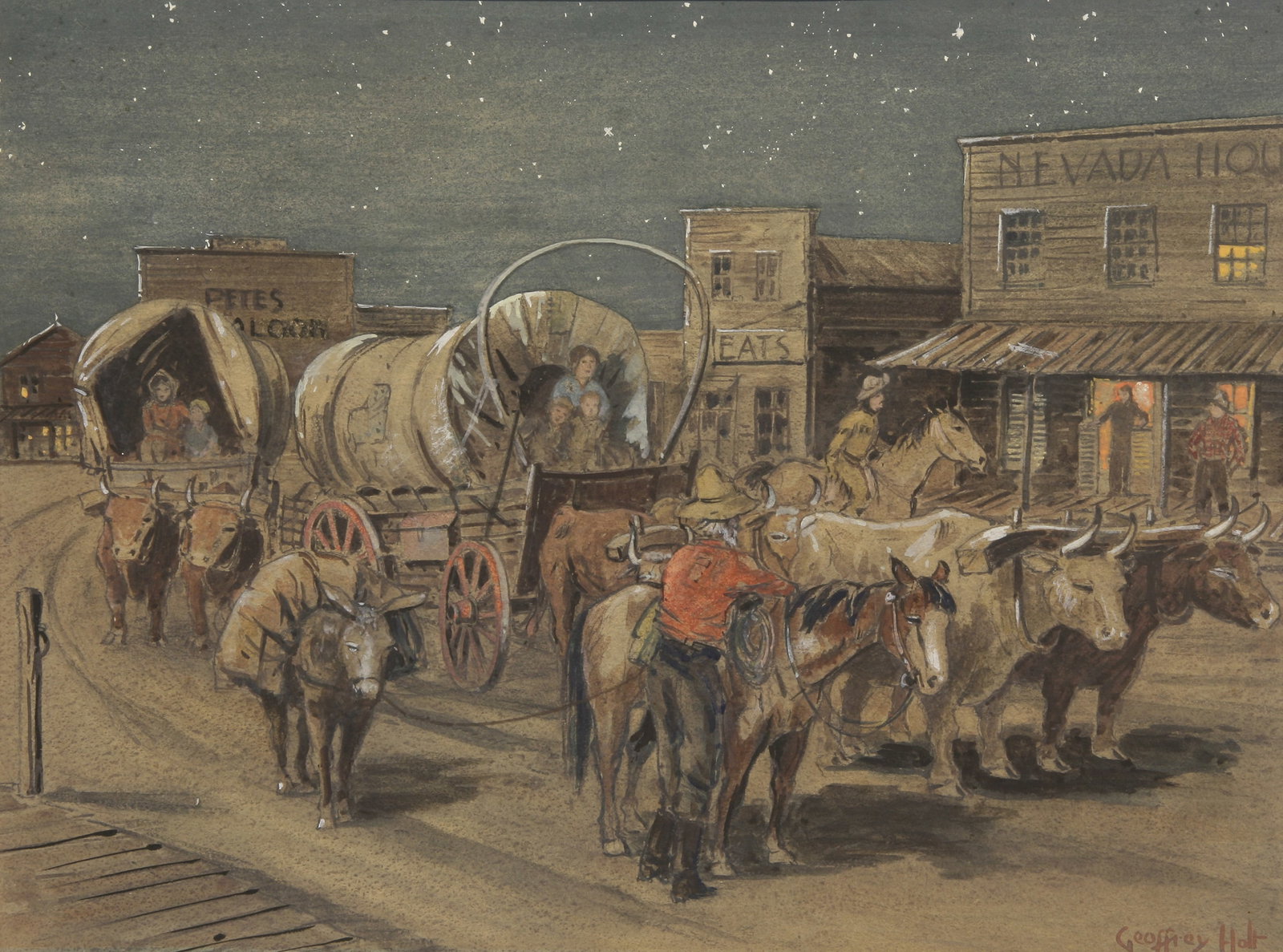 Geoffrey Holt (English-born American, 1882 - 1977): "Nevada House"; c. 1940; Gouache on Paper; 10.75" x 14.5"; Signed "Geoffrey Holt" Lower Right; Unframed; Note: Study for a later painting. Inscribed on verso - "Geoffrey Holt / 4870 Wicopee Ave / LA".