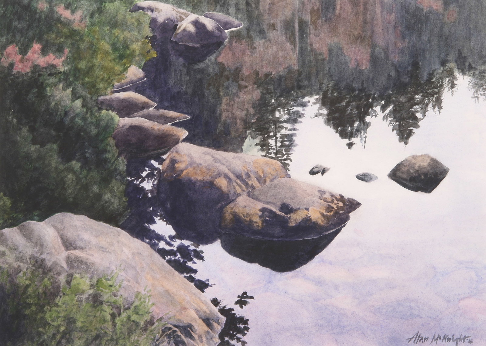 Alan McKnight (American, b. 1936): "On the Rocks - Lewey Lake, NY"; 2016; Watercolor on Paper; 10" x 13.75"; Signed "Alan McKnight"; Framed (under glass); Note: Signed and titled on verso.