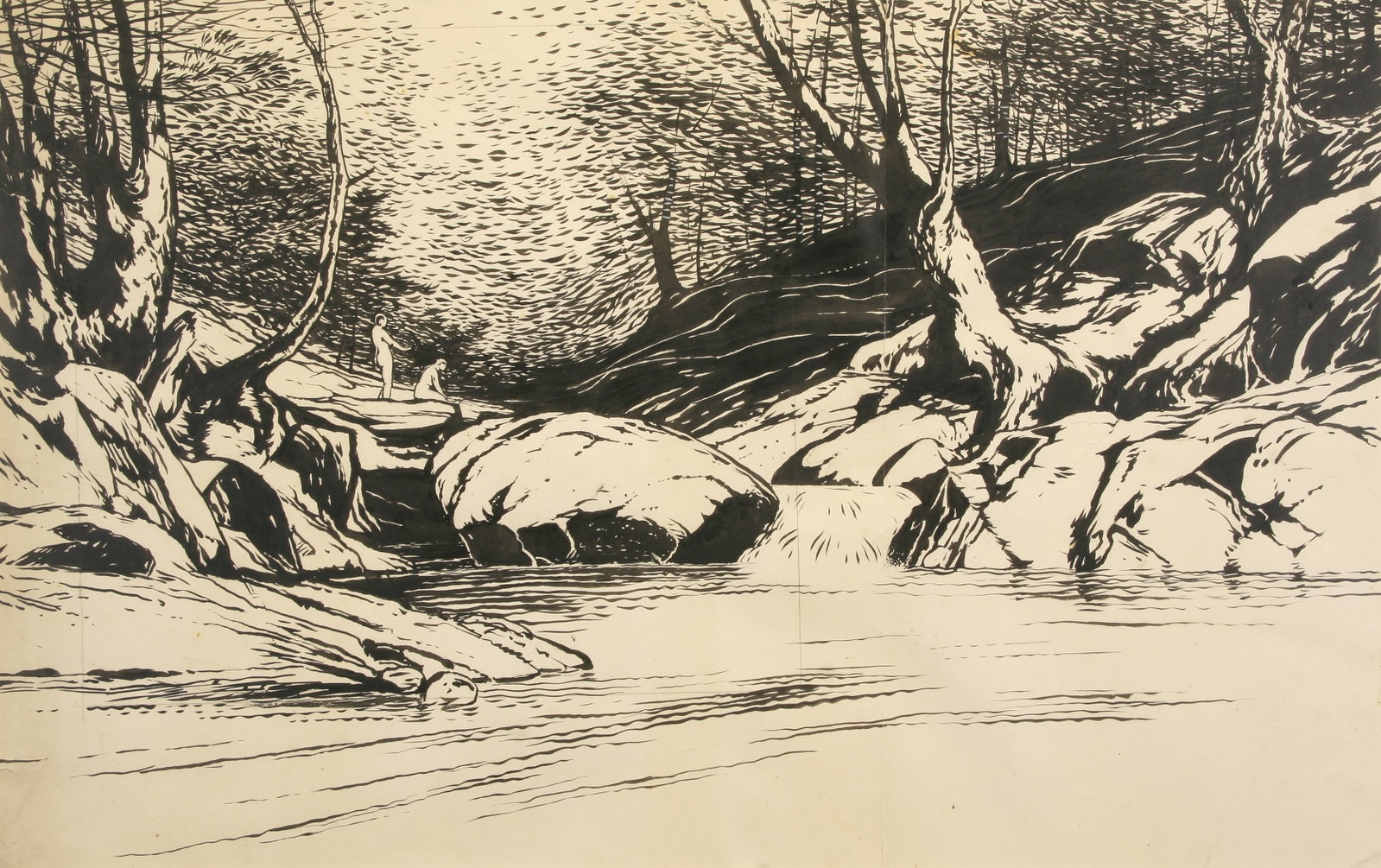 Bolton Brown (American, 1864 - 1936): "Two Bathers in Stream"; c. 1920; Ink on Paper; 18.5" x 28.75"; Unsigned; Framed (under glass).